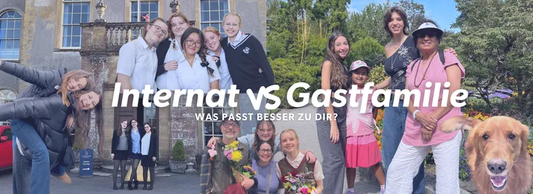 Collage mit Schülerinnen in Uniform vor einem Internat und einer Gastfamilie mit Hund