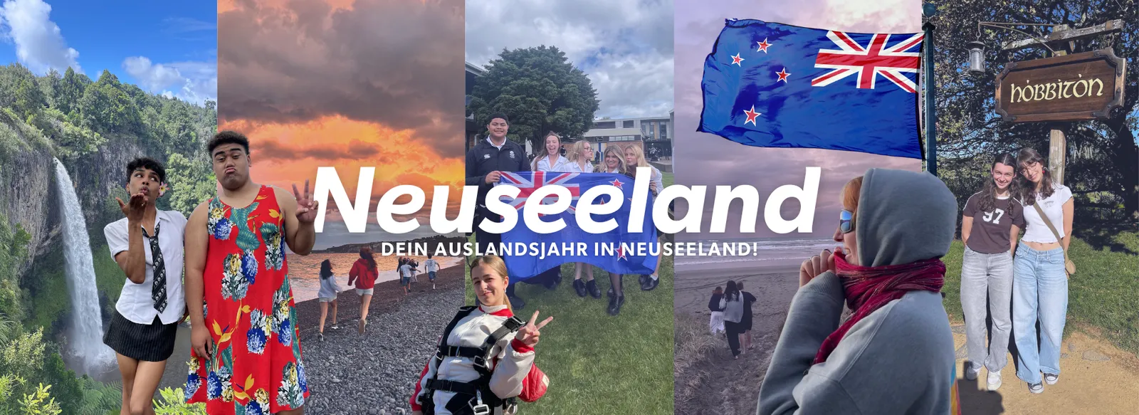 Collage mit Neuseelandflagge, Wasserfall, Hobbiton-Schild und Jugendlichen zum Auslandsjahr in Neuseeland