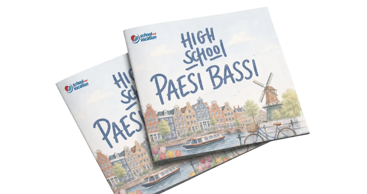 Copertina della brochure High School Paesi Bassi con canali e mulino ad Amsterdam