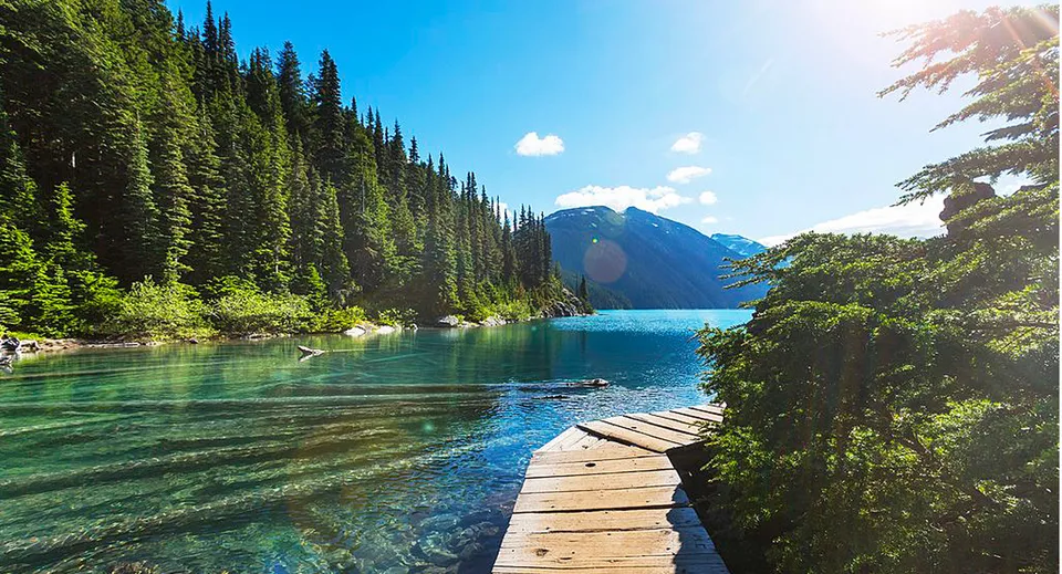 Un lago tranquillo con un pontile e boschi di sempreverdi circostanti nelle vicinanze della Wellington Secondary School.