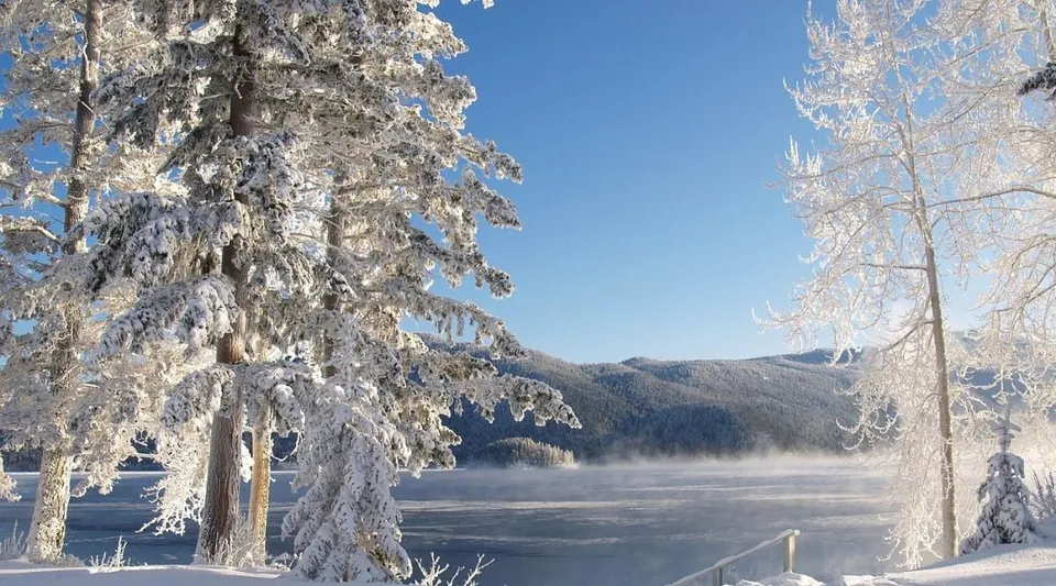 Un paesaggio invernale innevato con un lago ghiacciato e alberi coperti di neve vicino alla All Saints Catholic Secondary School.