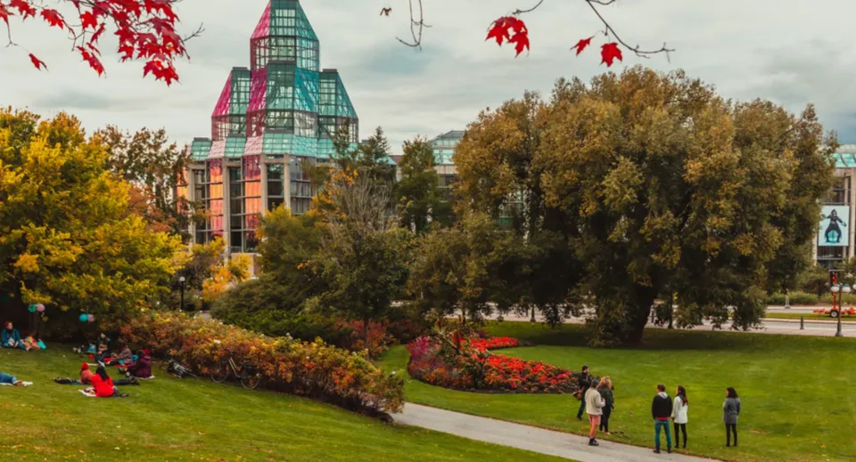 Nel parco autunnale davanti al colorato edificio scolastico della Hillcrest High School, alcune persone passeggiano tra gli alberi variopinti.