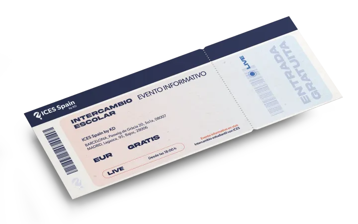 Entrada impresa de ICES Spain para un evento informativo gratuito en directo sobre intercambio escolar