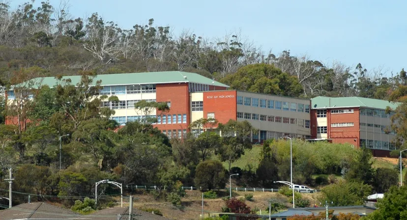L'edificio scolastico a più piani della Rose Bay High School, con le sue facciate colorate, è circondato da alberi verdi.