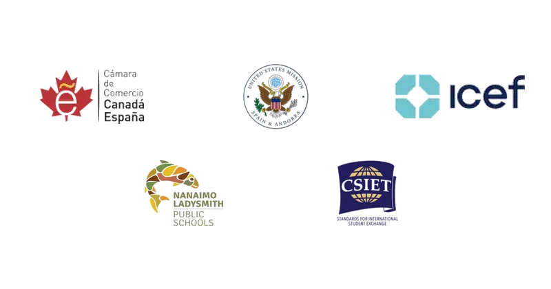 Logotipos de las organizaciones asociadas: Cámara de Comercio Canadá España, ICEF, CSIET y Nanaimo Ladysmith Public Schools