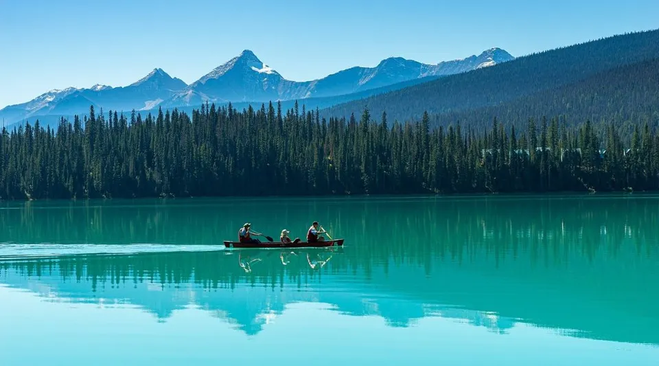 Tre persone navigano su una canoa rossa in un lago turchese circondato da foreste di pini e montagne.