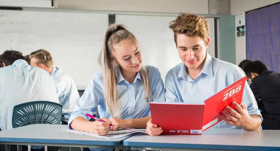 Due studenti lavorano insieme a un progetto in un'aula del Sancta Maria College.