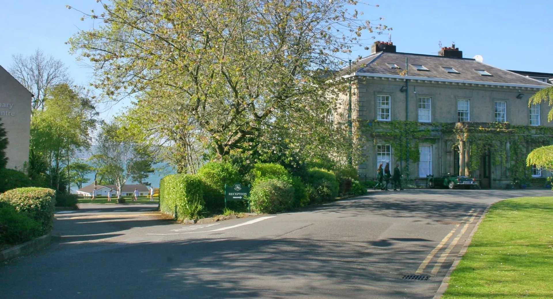 L'ampio edificio coperto d'edera nel campus della Rockport School è circondato da alberi verdi e da un sentiero tortuoso.