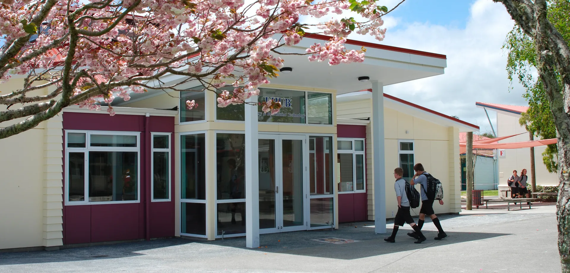 Un edificio moderno con ingresso in vetro e un ciliegio in fiore in primo piano nel campus del Waiuku College.