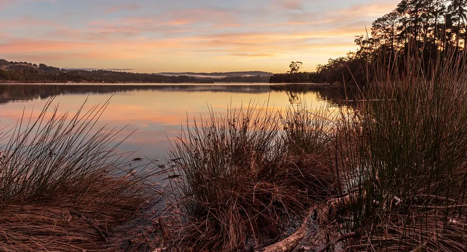 Il lago tranquillo con la vegetazione circostante riflette il tramonto e si trova nel terreno dell'Earnshaw State College.