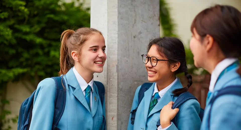 Tre studentesse della St. Hilda's Collegiate School chiacchierano all'aperto davanti a uno sfondo verde.