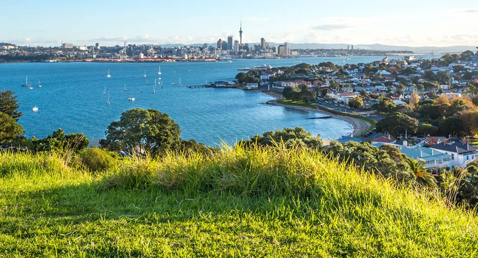 Vista dall'Howick College su un prato verde con vista su una città con grattacieli e acqua.