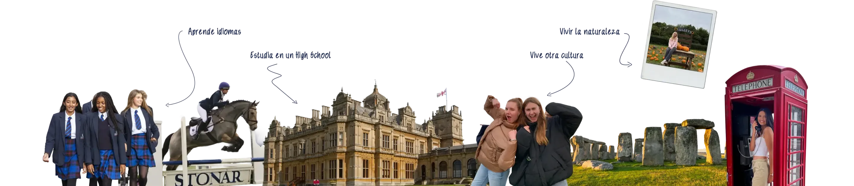 Collage sobre el año escolar en Inglaterra con alumnas de uniforme, una amazona saltando, Stonehenge y una cabina telefónica roja