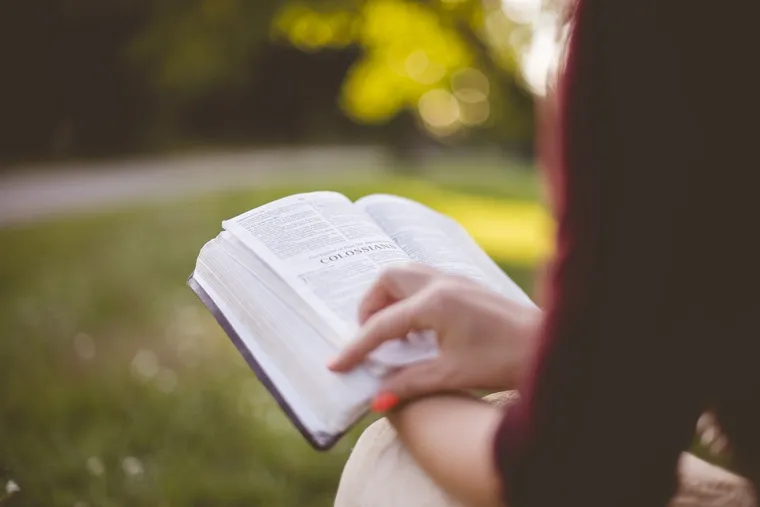 Hand hält eine aufgeschlagene Bibel beim Lesen im Grünen