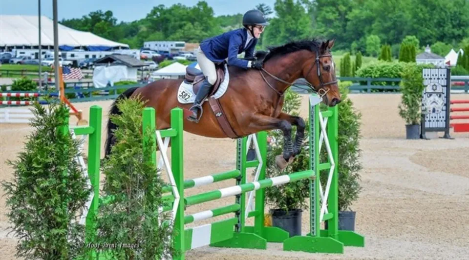 Un cavaliere della Oldfields School supera un percorso di ostacoli verde e bianco durante una gara di salto ostacoli in un'area esterna.
