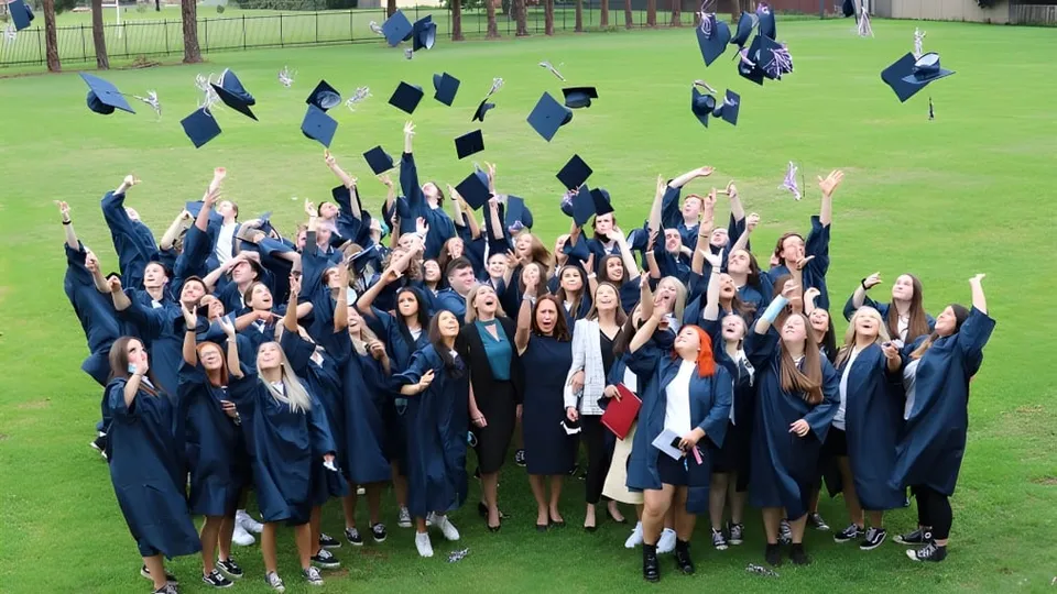 I diplomati della École Secondaire R.A. McMath Secondary School lanciano i loro tocchi in aria su un prato verde.