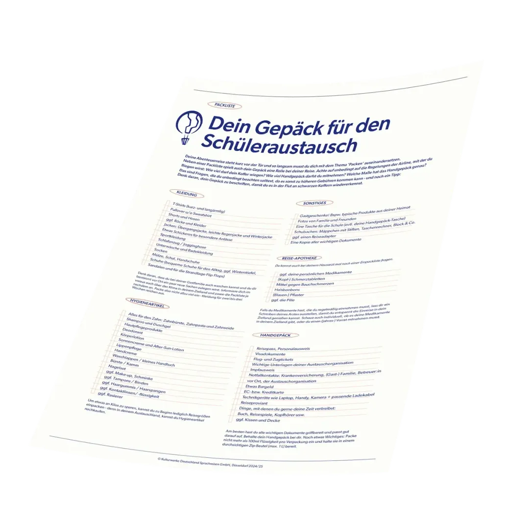 Packliste „Dein Gepäck für den Schüleraustausch“ mit Checkboxen zum Abhaken
