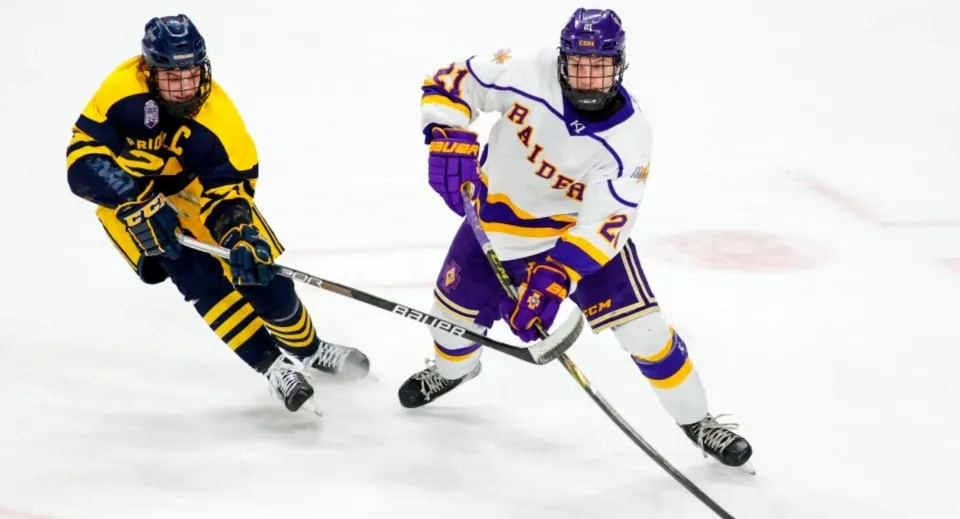 Due giocatori di hockey su ghiaccio in tenuta completa sul ghiaccio durante una partita della Luther College High School.