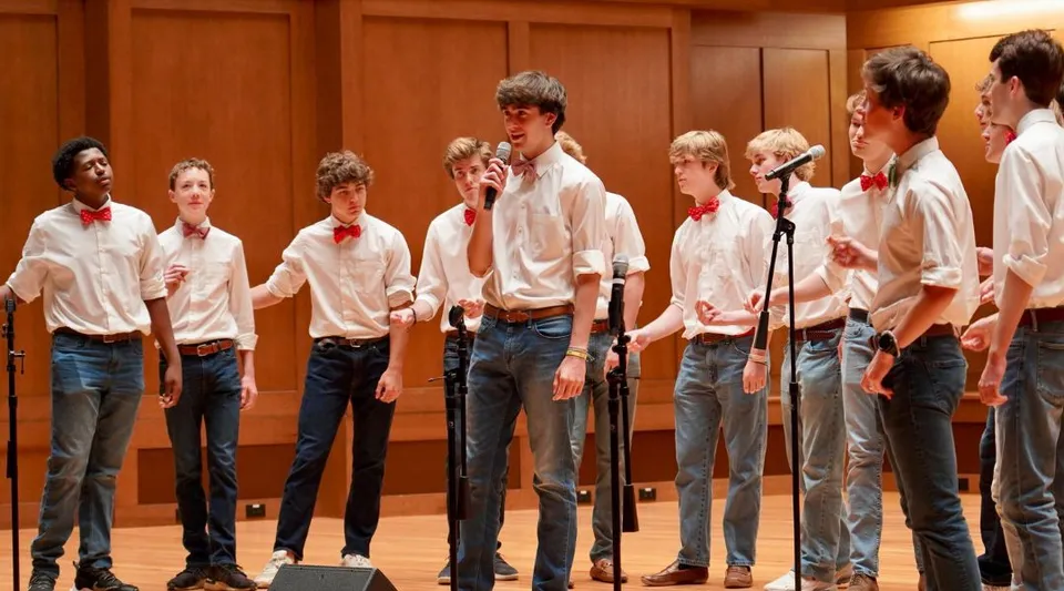 Un gruppo di studenti della St. Christopher’s School è insieme e si esibisce su un palco rivestito in legno.
