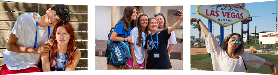 Collage di tre foto: ragazzi sorridenti, selfie di gruppo e cartello Welcome to Las Vegas