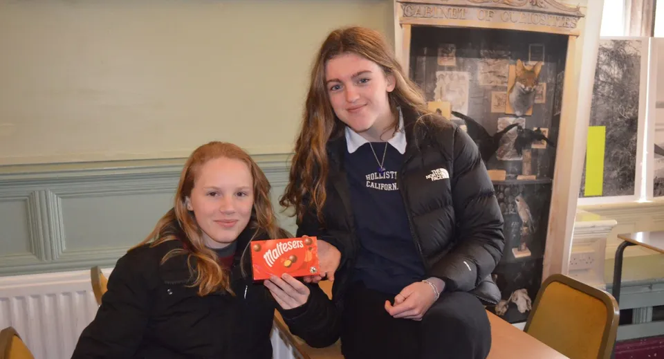 Due studentesse della Loreto Abbey Secondary School si trovano insieme in un'aula con caminetto.