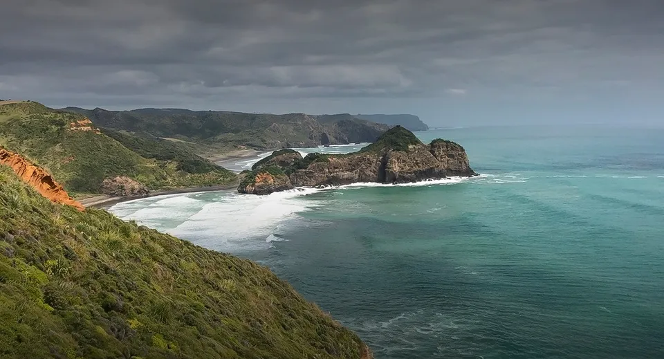 Paesaggio costiero roccioso con acque turchesi e fitta vegetazione vicino al Waitakere College.
