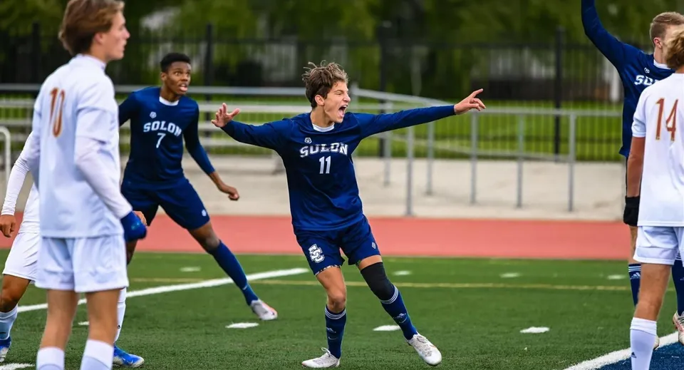 Studenti del John Paul College festeggiano un gol durante una partita di calcio nel campo della scuola.