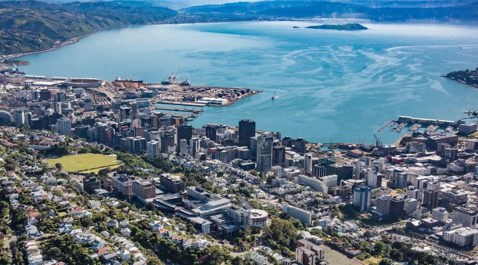 Vista sulla città costiera con montagne e una grande baia nei pressi della Victoria University of Wellington.