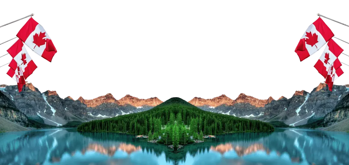 Lago di montagna delle Montagne Rocciose canadesi con bandiere del Canada