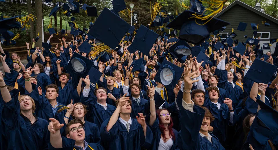 I diplomati del Burpengary State Secondary College festeggiano all'aperto la loro cerimonia di diploma in toghe e tocchi neri.