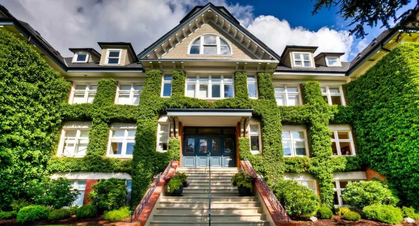 L'edificio principale della St. Michaels University School mostra una villa ricoperta d'edera con un grande ingresso e scalinate circondate da una verde vegetazione.