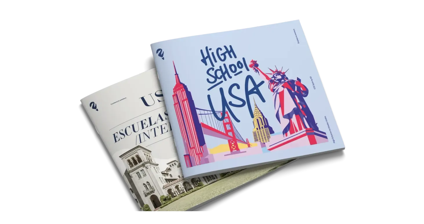 Folleto High School USA con la Estatua de la Libertad y el Golden Gate ilustrados en la portada