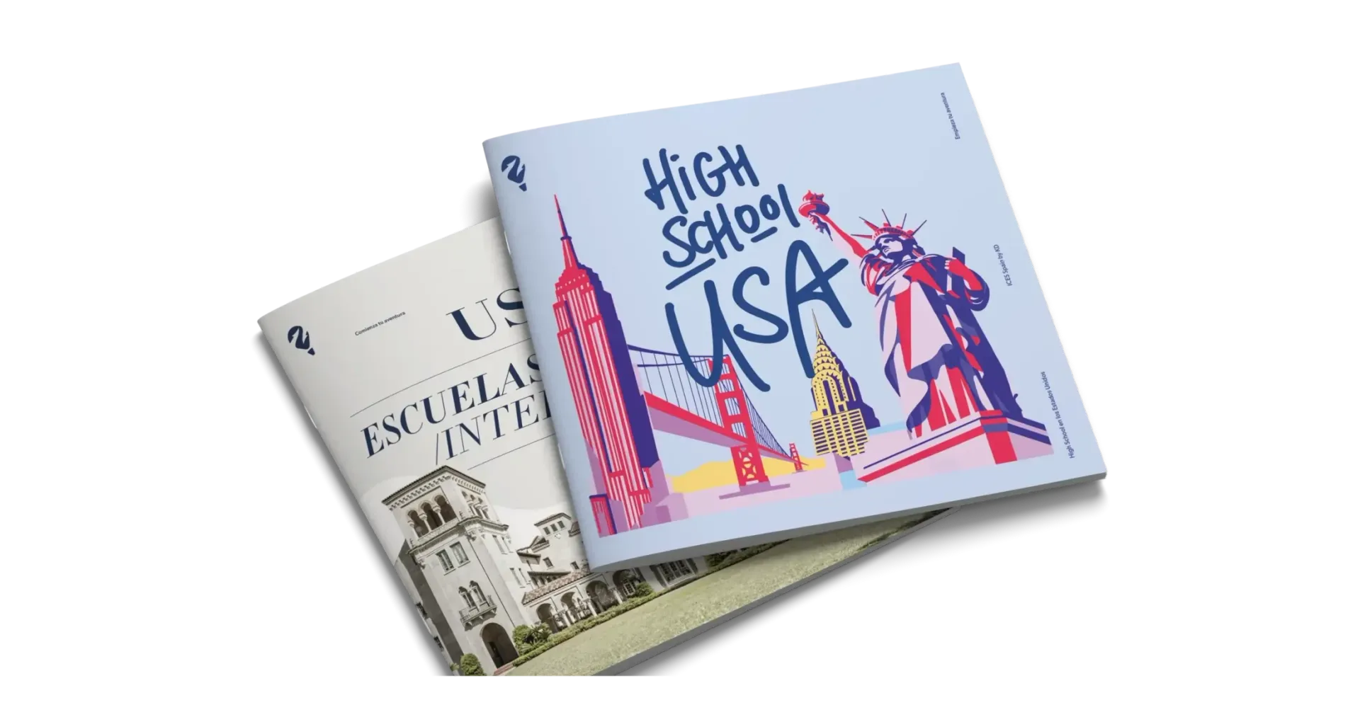 Folleto High School USA con la Estatua de la Libertad y el Golden Gate ilustrados en la portada