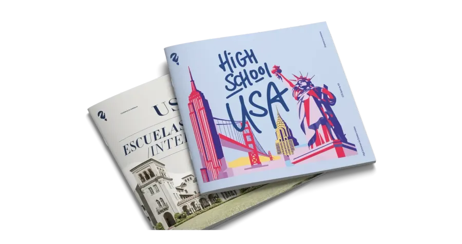 Folleto High School USA con la Estatua de la Libertad y el Golden Gate ilustrados en la portada